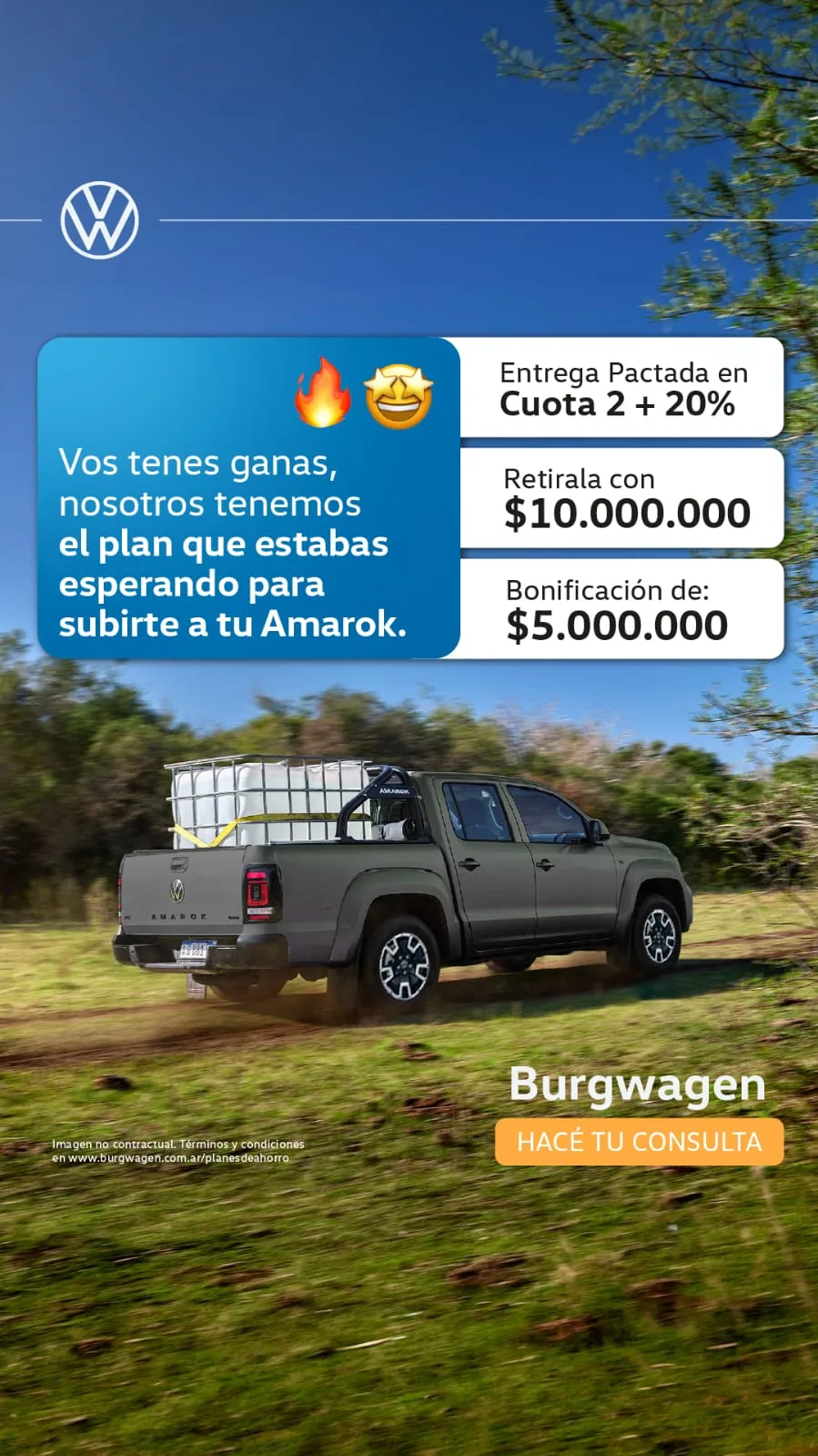 Burgwagen ofrece plan con 20% de entrega inicial para adquirir una Volkswagen Amarok